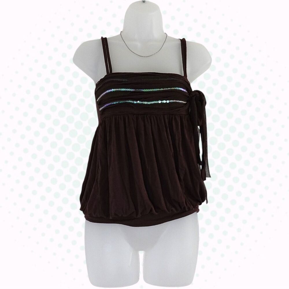 Vintage Y2K Spoof! Dark Chocolate Brown Sequin Bow Bubble Hem Tank Top Size XS